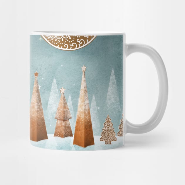 Gingerbread house moon and trees watercolor illustration. Fantasy candy world Christmas decorations. Snow hills. Magic winter forest by likapix